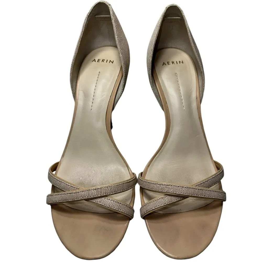 Aerin Women’s 8.5 Metallic Gild Sparkly Cream Canvas Varan Strappy D’Orsay Heels Gold - Image 4