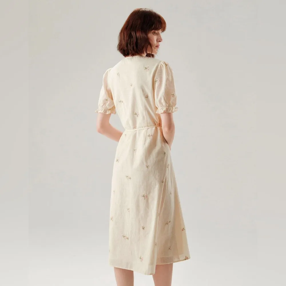 Rihoas Beige Embroidery Puffed Sleeve Wrap Midi Dress Size M - Image 6