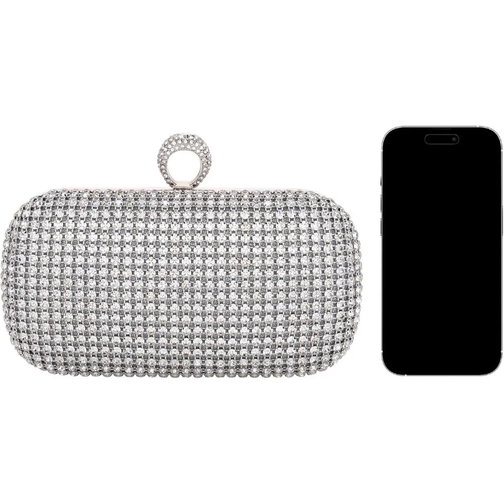 ⚡ Women's Rhinestone Evening Glitter Crystal Ring Clasp Silver Clutch Bag - Image 5