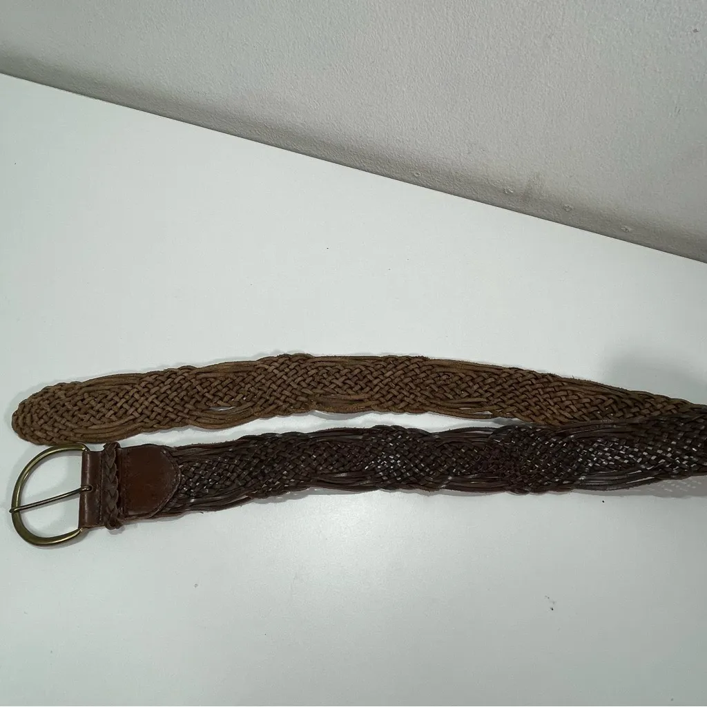 Vtg Y2K Eddie Bauer XL Wmn  Brown Leather Woven Braided Chunky Belt  Boho Brass - Image 3