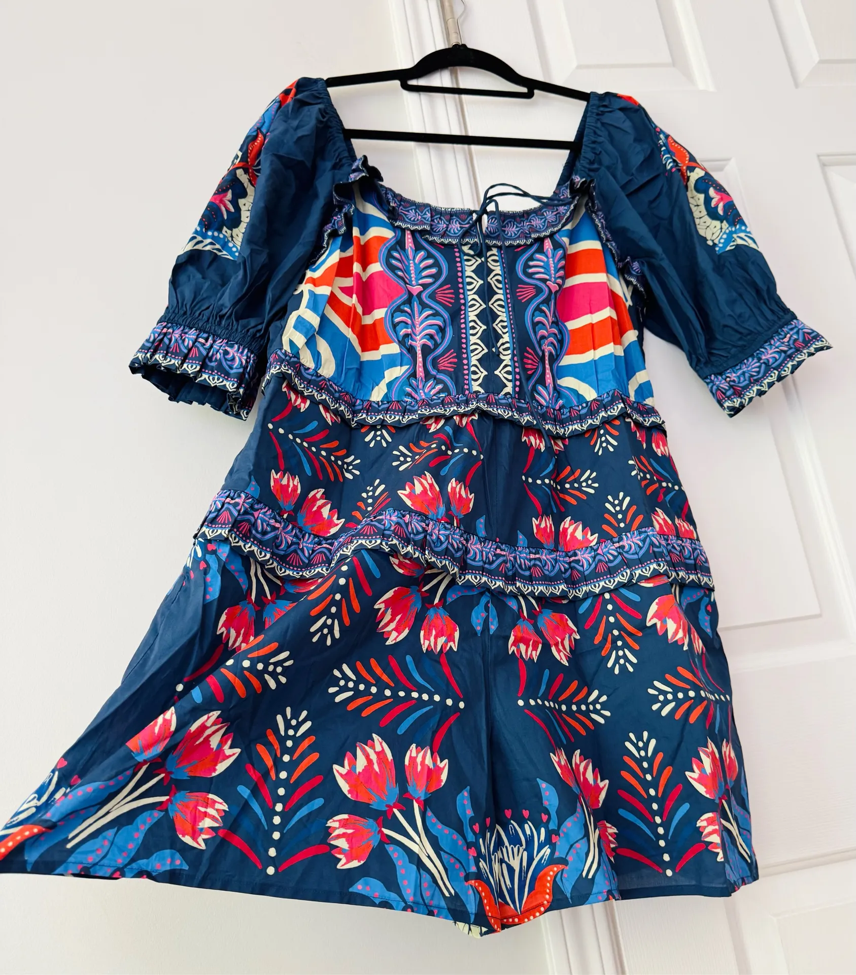 Farm Rio Puff-Sleeve Ruffled Floral Cotton Romper, Size M/L - Image 6