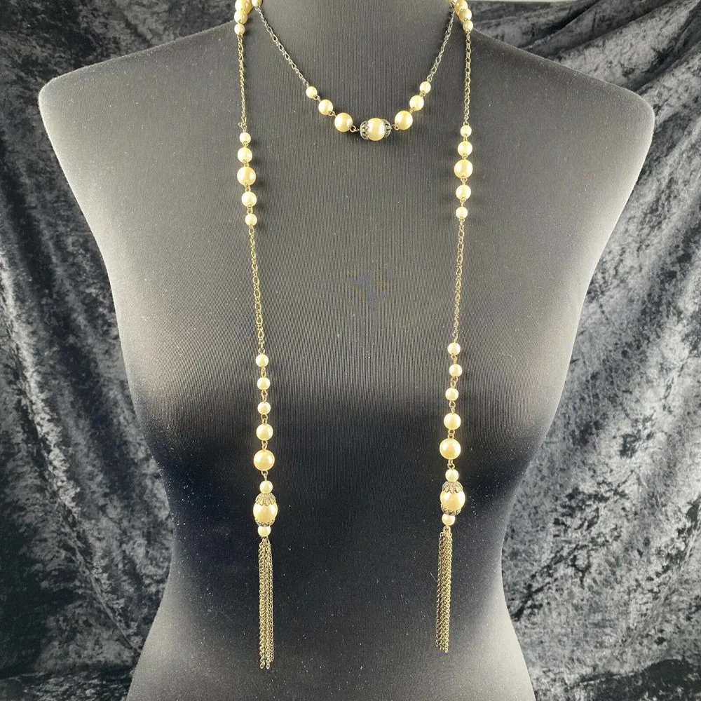 Vintage Flapper 20s Style Lariat Open 56 in Chain Faux Pearl Necklace Tassel - Image 6