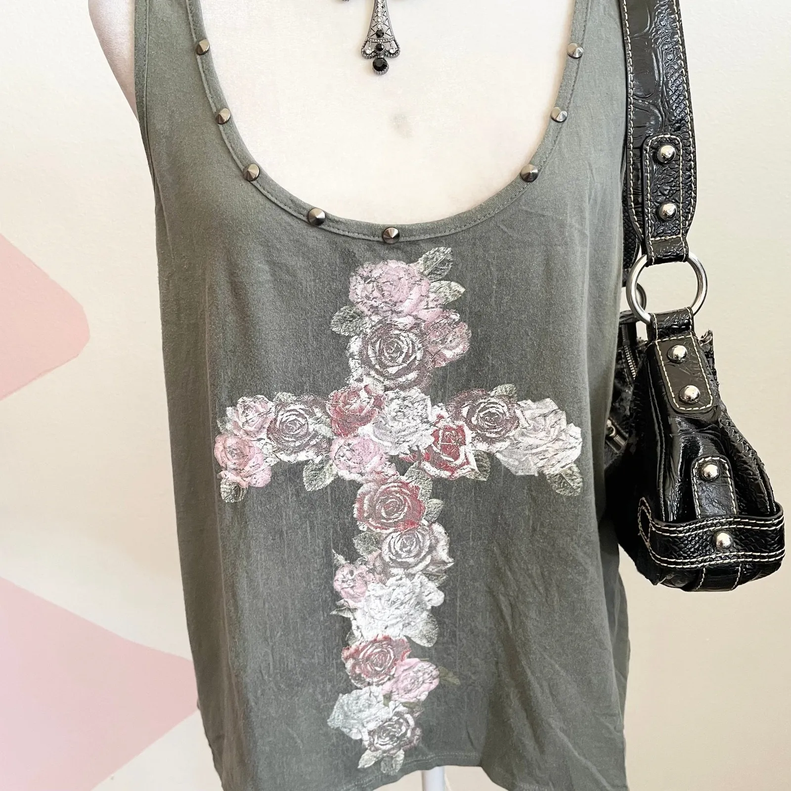 Floral Cross Studded Tank Top 2000s Grunge Gothic Punk Festival Indie Sleaze XL - Image 2