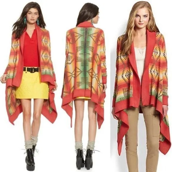 Polo Ralph Lauren Long Draped Open Cardigan Sweater Aztec Southwestern Serape Red Size XL - Image 2
