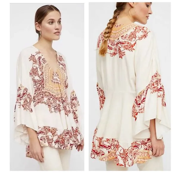 Free People Sunset Dreams Printed Tunic Size XS Ruffle Sleeve Bohemian Relaxed - Image 2