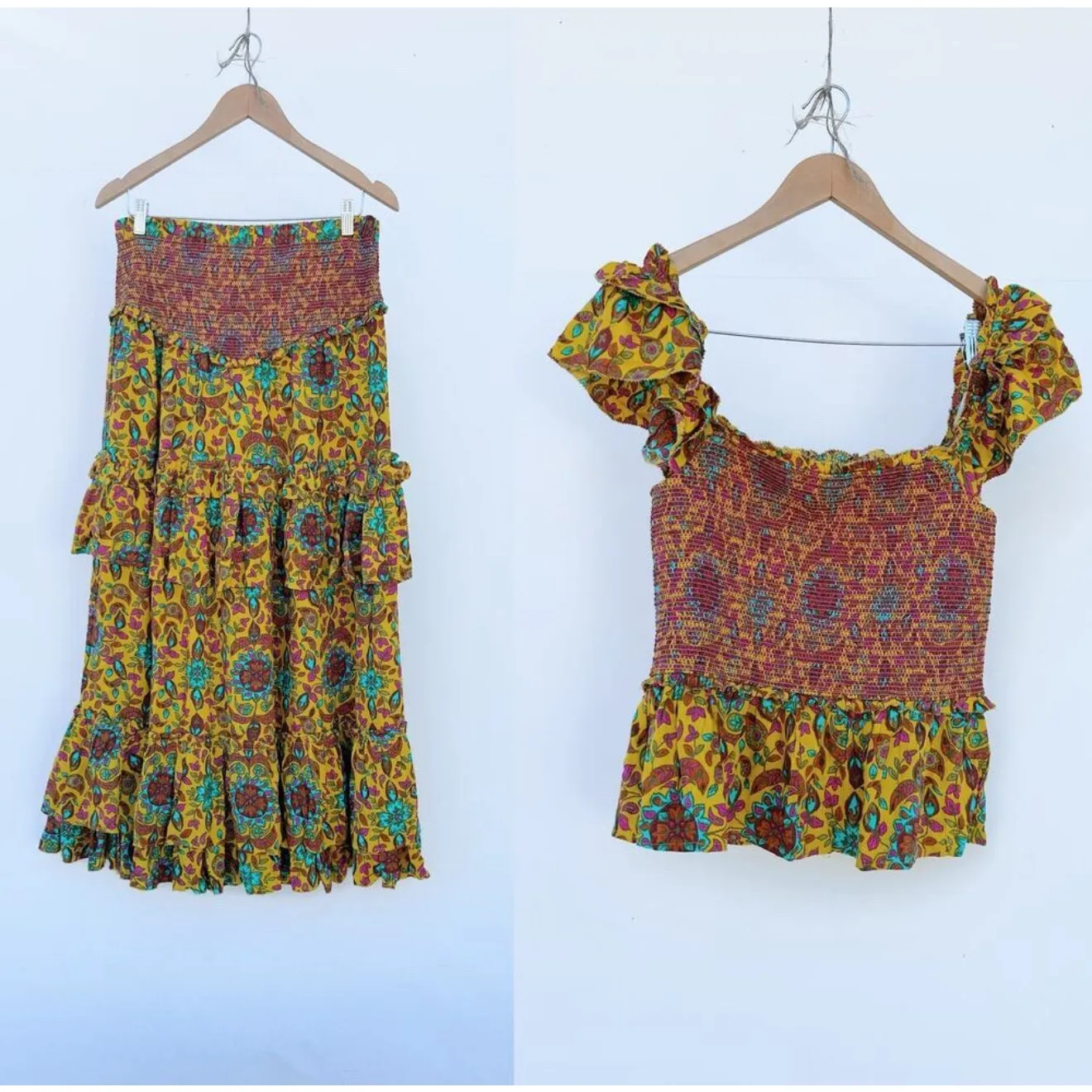 House Of Harlow 1960 Set Maxi Skirt‎ Smocked Tiered Ruffles Yellow Tropical Size M - Image 2