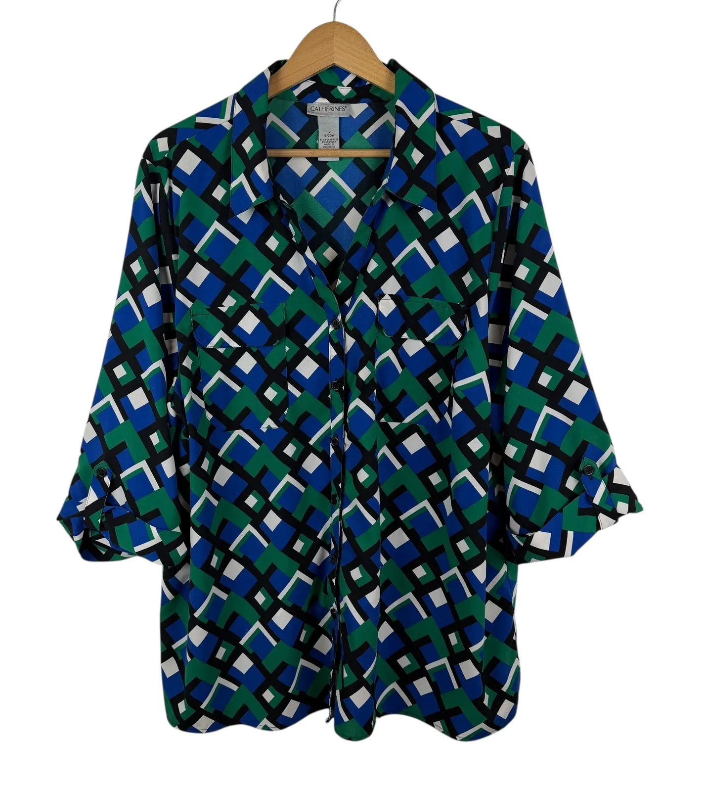 Catherines Geometric Print Button Up Shirt Size 1X Lightweight Office Artsy Work - Image 1