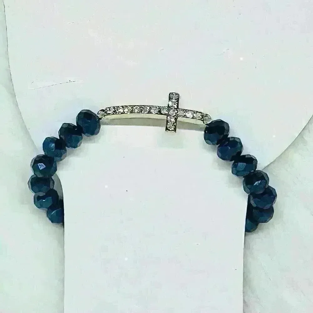 Navy Blue Beaded Bracelet with Rhinestones Cross - Image 4