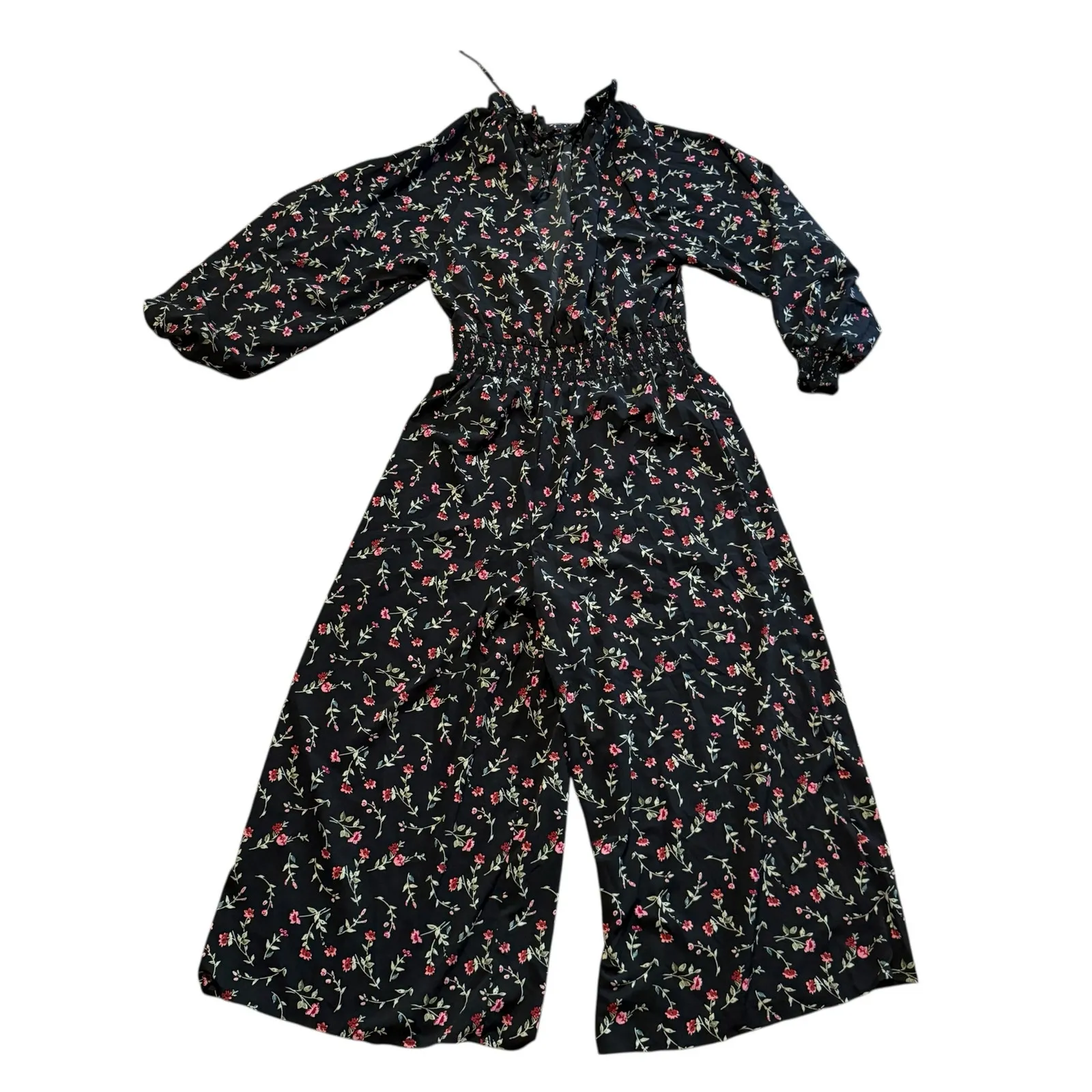 Asos Women's Jumpsuits Black Floral Puff Sleeve Smocked Waist Wide Leg Size 14 - Image 6