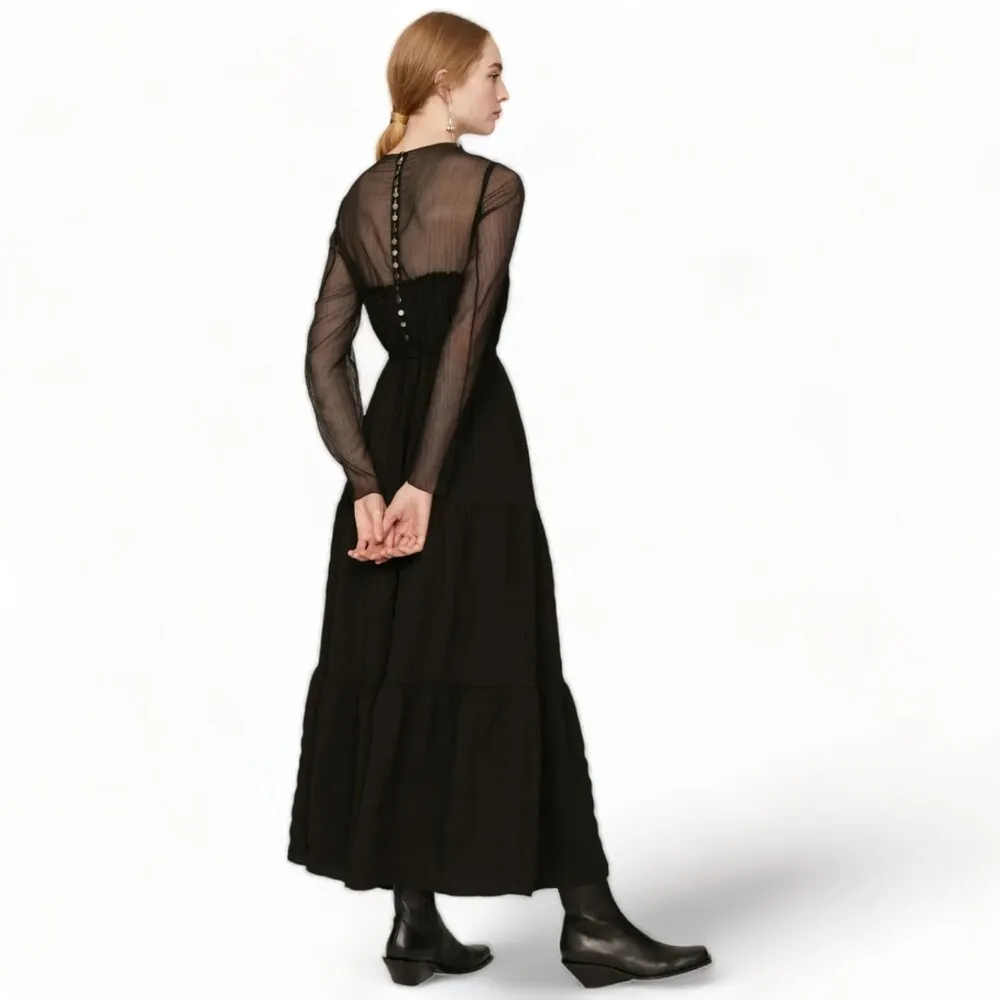 PAMELA LOVE Sheer Maxi Tiered Dress Black Long Sleeves Wednesday Goth Emo Size L Size L - Image 8