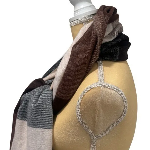 NEW Pashmina Neutral Colored Checkered Fringe 100% Cashmere Scarf Size 27x64 - Image 7