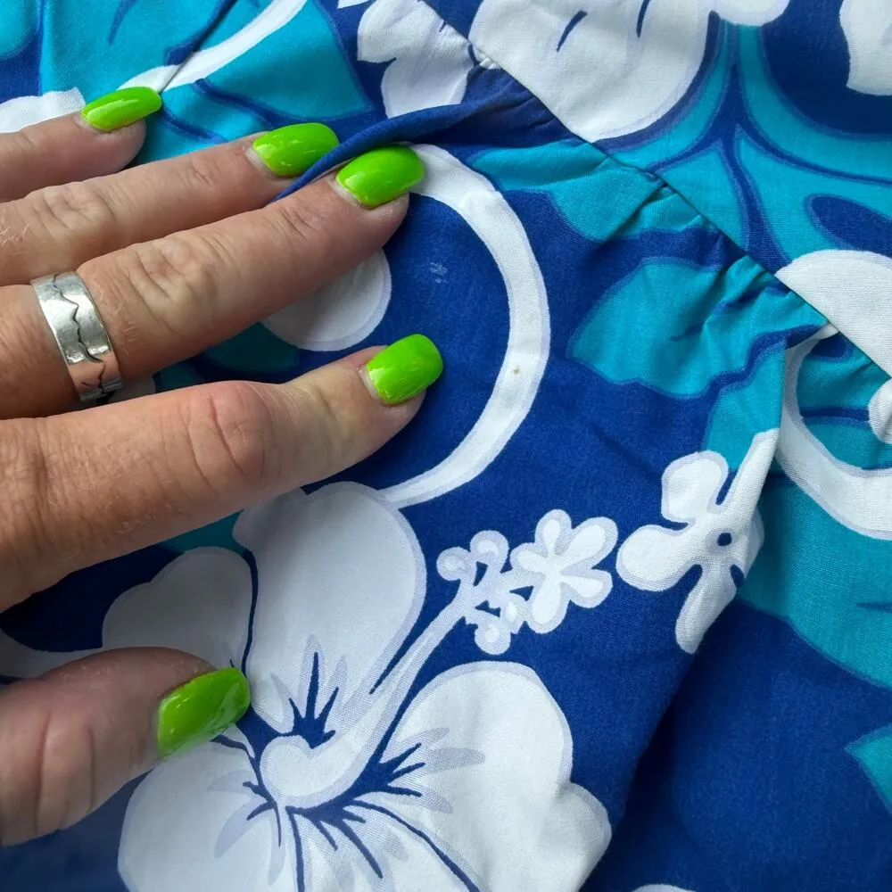 VTG Winnie Fashion Hawaiian Blue Tropical Floral Ruffle Hem Tulip Sleeve Dress L Size L - Image 7