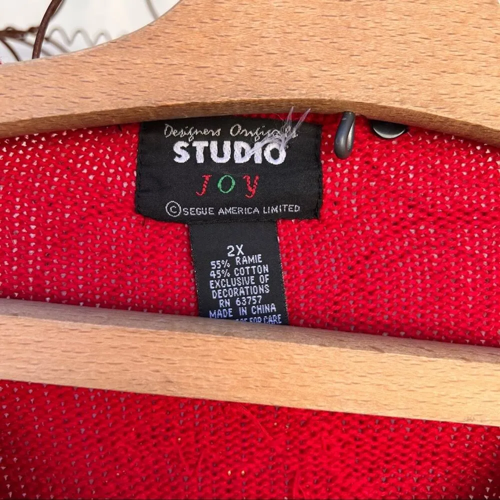 Vintage 90s Studio Joy red button down Ugly Christmas cardigan beaded trees Size 2X - Image 6