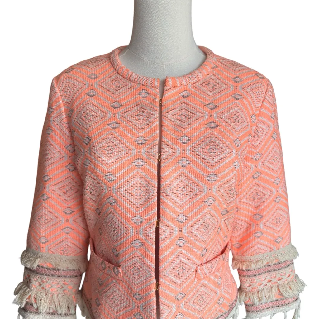 Boston Proper - Coral Jacquard Fringe Trim Jacket Blazer Sz 6 - Image 3