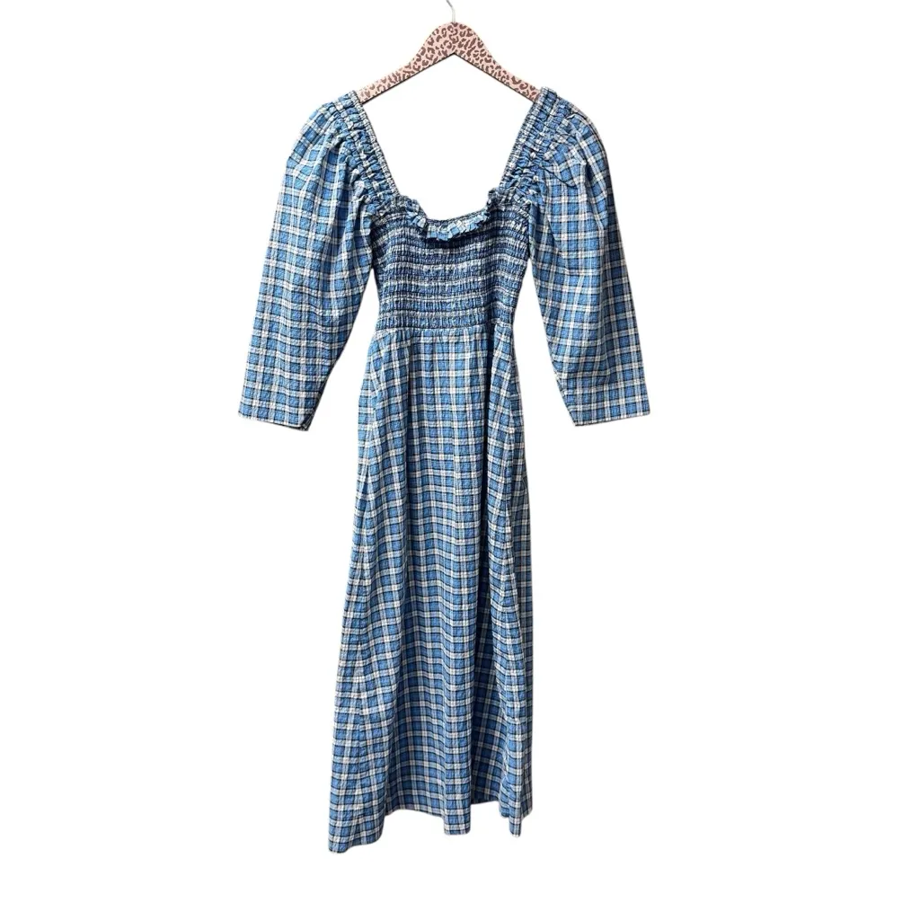 Ganni Shirred Checkered Cotton Blend Seersucker Gingham Midi Dress Blue 34 - Image 4