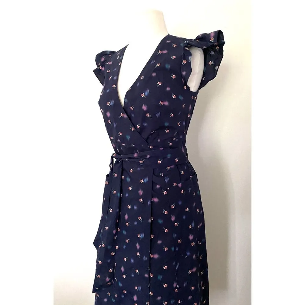 Rebecca Taylor Farren Blue Flower Print Wrap Ruffle Cap Sleeves Midi Dress Sz 2 - Image 5