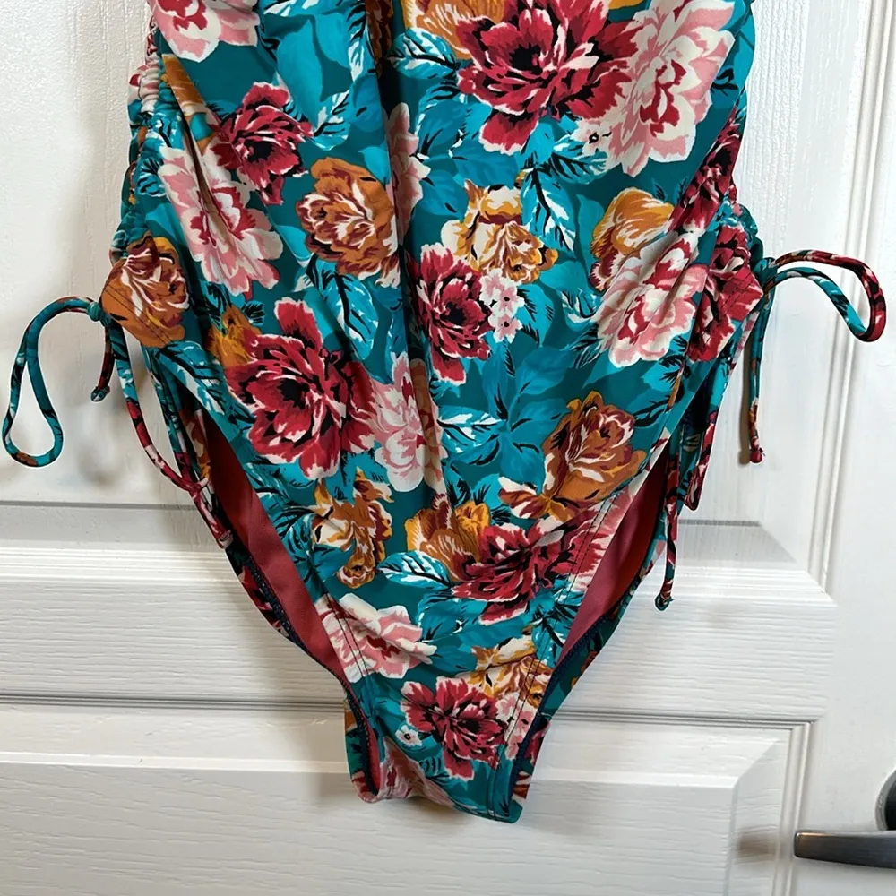 Time and Tru Floral Teal Pink Tie Sides V-neck Swimsuit Size Large EUC #1386 - Image 3