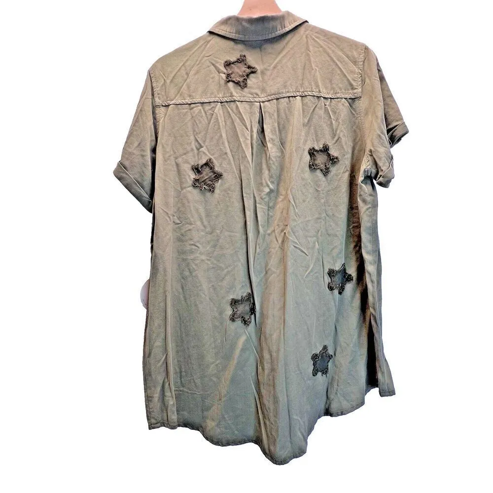 Hummingbird green olive blouse star Tencel woman short button sleeve size L. - Image 9