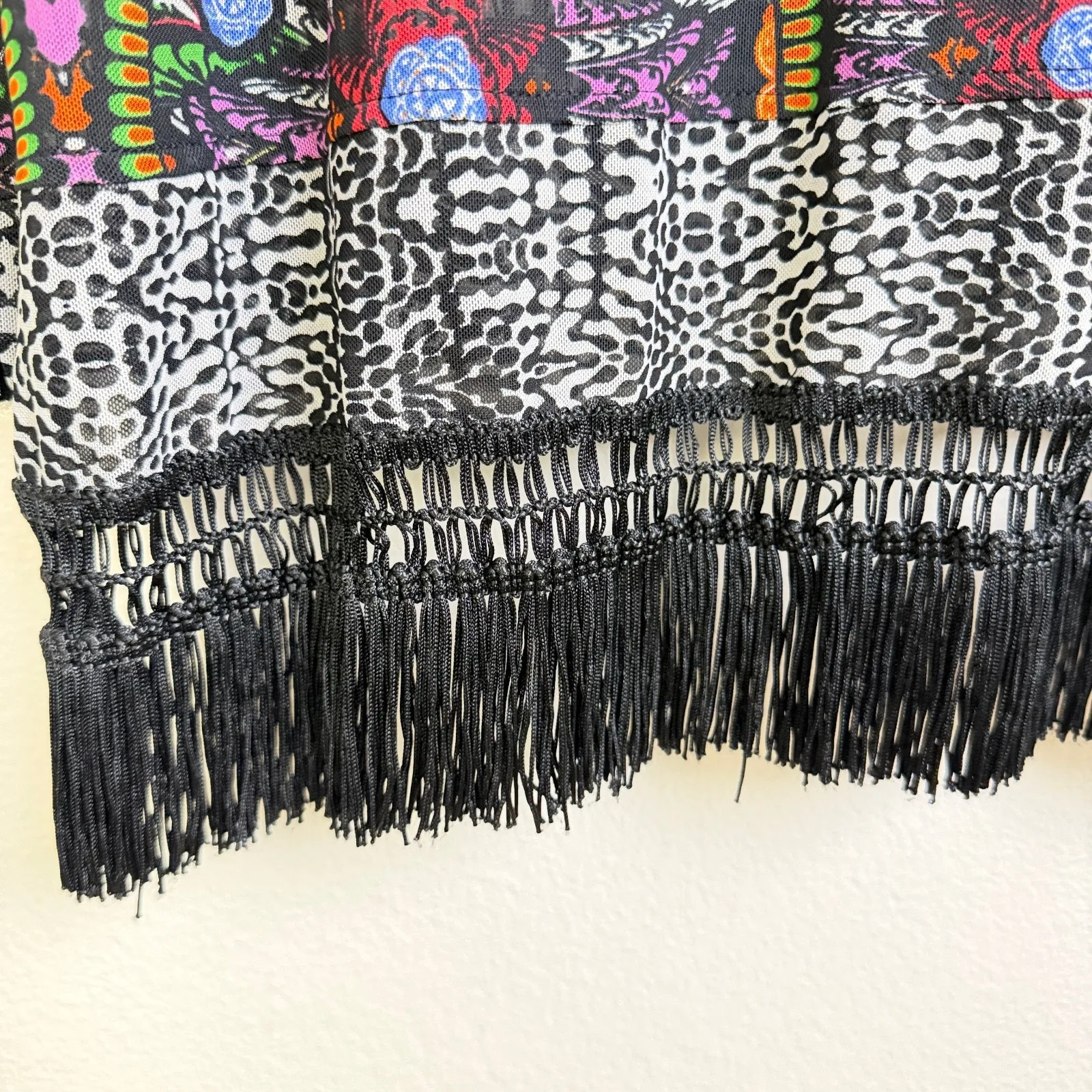 John Mark Mesh Tunic Top Womens Medium V Neck Colorful Printed Fringe Cover Up Black - Image 8