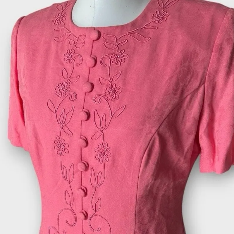 Vintage 80s Karin Stevens Pink Embroidered Knee Length Shift jacket Dress sz 10 - Image 4