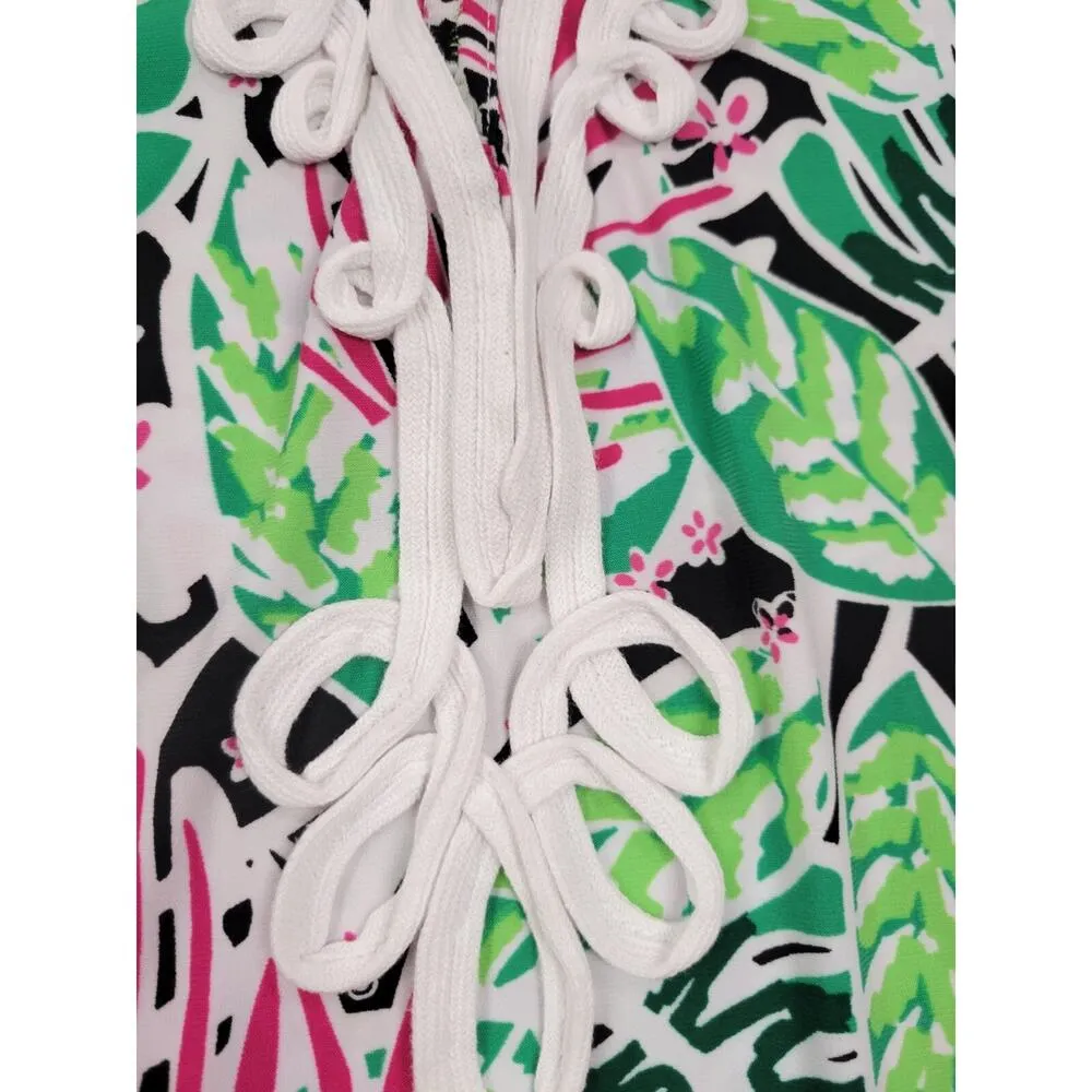 Pappagallo Stretch Flowy Top Large Long Sleeve Tropical Green Black Pink L - Image 3