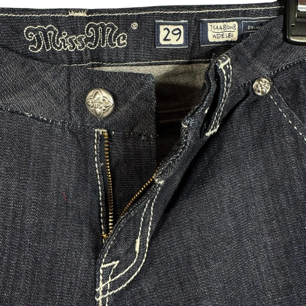 Miss Me SZ 29 Wide Leg Jeans Button-Flap Pockets Low-Rise Zip-Fly Dark Wash Blue - Image 4