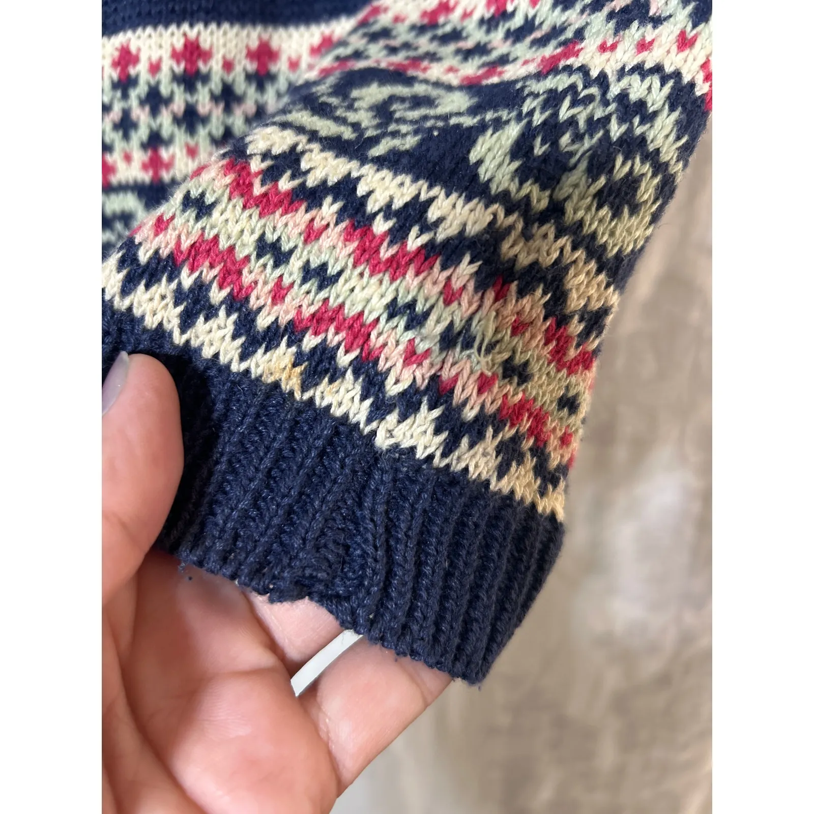 Vintage Cardigan Sweater Vest Medium Navy Blue Cream Pink Nordic Winter - Image 6