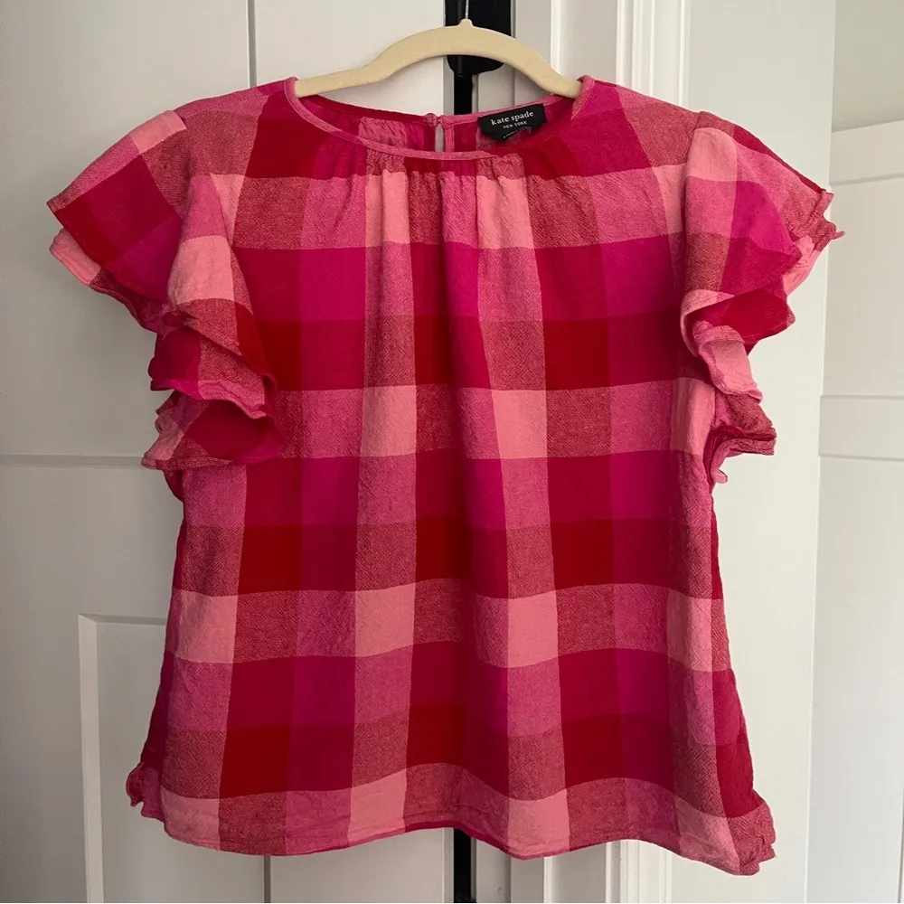 Kate Spade Picnic Woven Flutter-sleeve Top Pink Red Ruffle Short Sleeve Blouse - Image 2