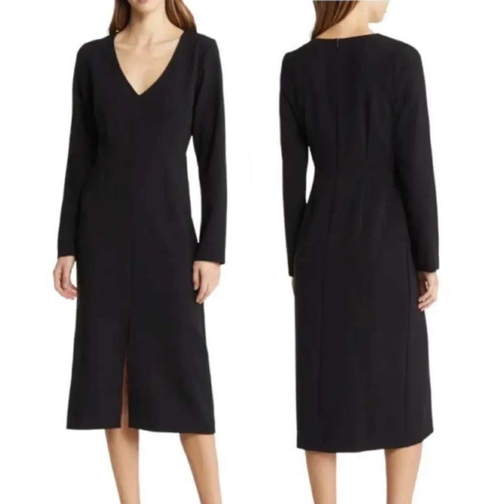 Nordstrom V-Neck Long Sleeve Midi Front Sleeve Sheath Dress in Black - Image 5