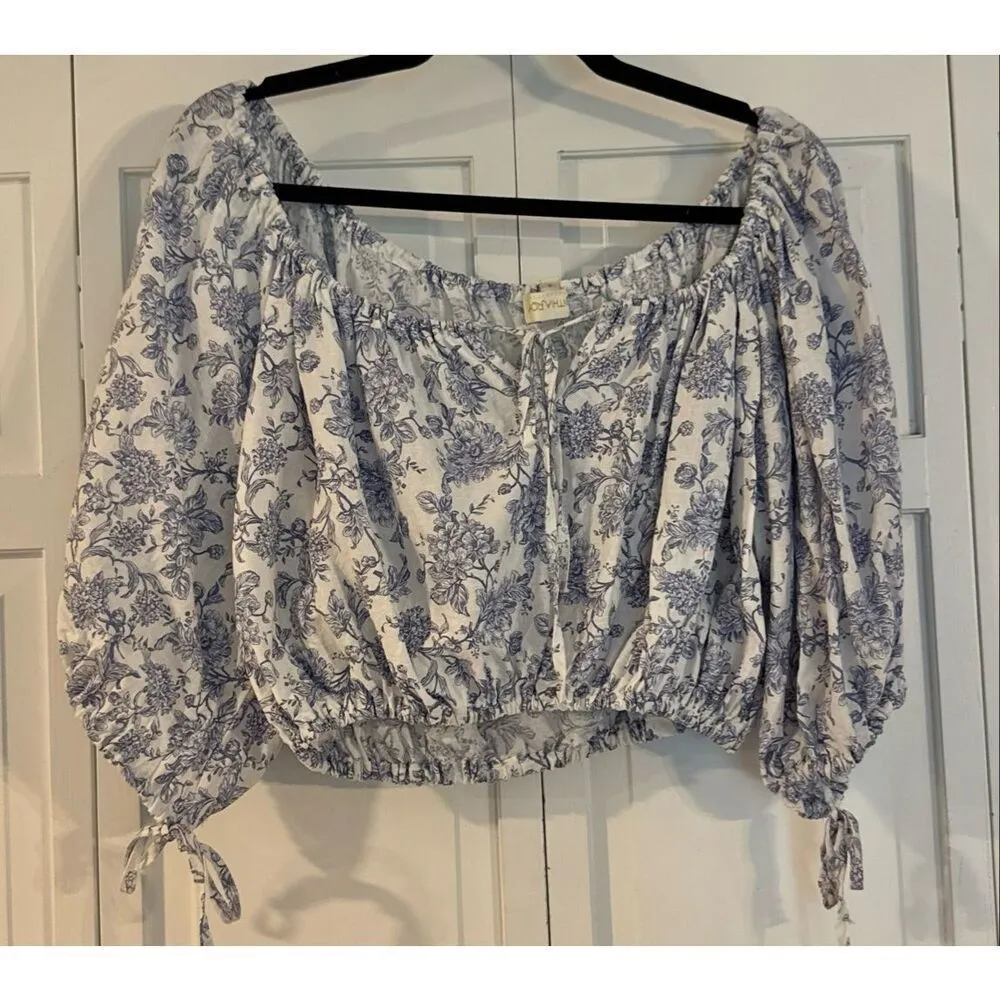 Cynthia Rowley linen cropped tie neck blouse blue toile Small - Image 3