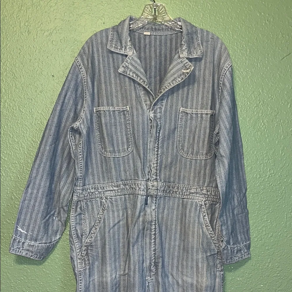 Vintage Denim coveralls vintage striped denim overalls, herringbone denim chore Blue Size XL - Image 3
