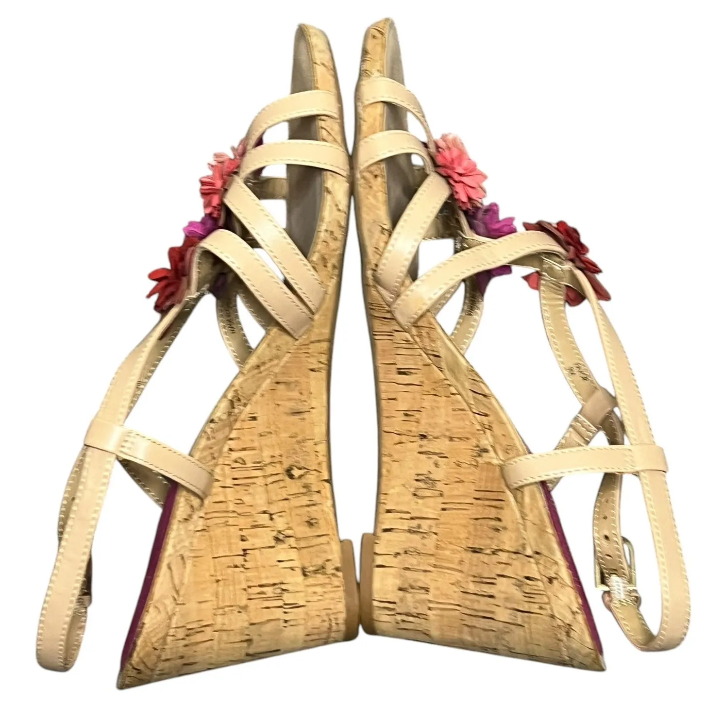 Tahari Favor Wedge Sandal Womens 9M Beige Leather Spring Flowers Strappy - Image 7