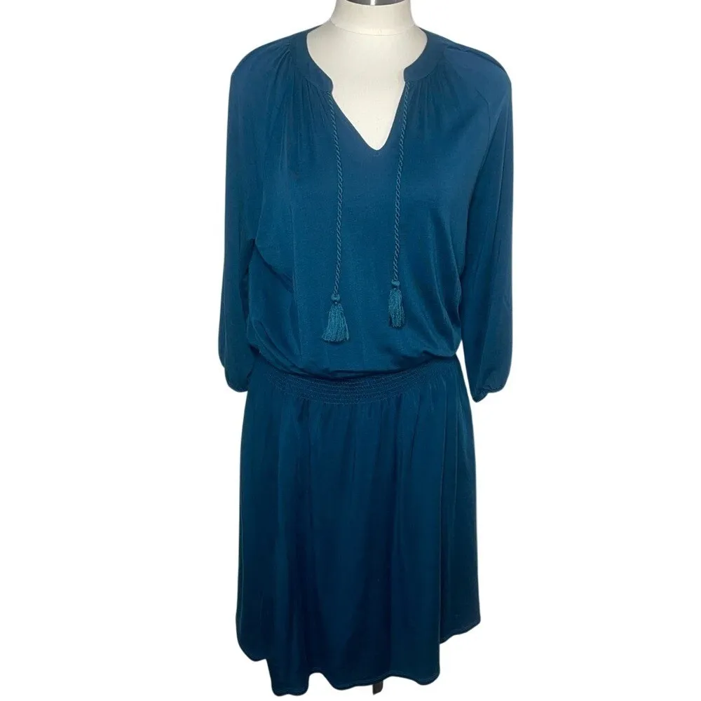 Garnet Hill Teal Tencel Dress M | Quiet Luxury Boho‎ Chic | Tassel Tie Style - Image 2
