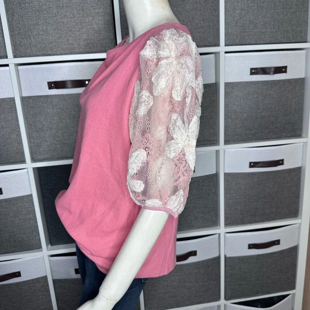 Grace + Emma MIDNIGHT BLOSSOM PINK SEQUINS FLORAL PUFF SLEEVE Top Size Medium - Image 9