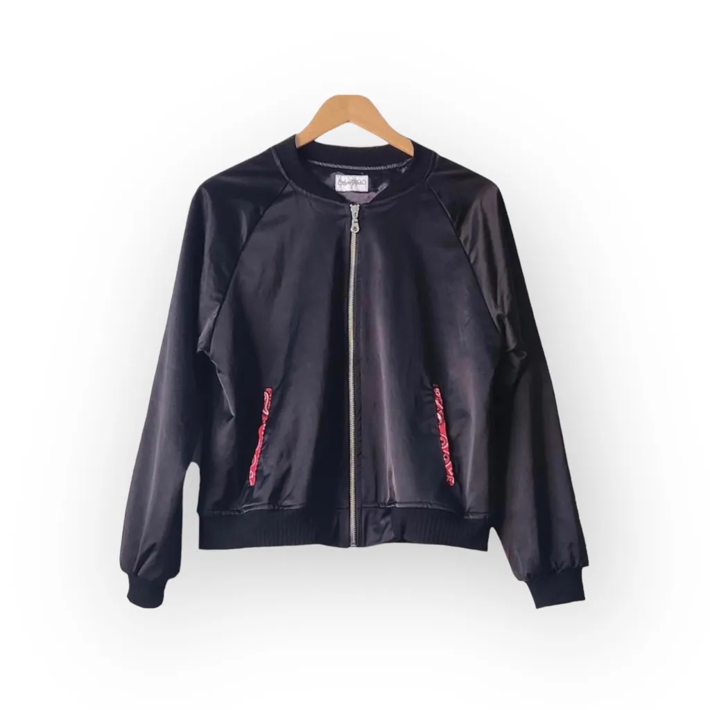 HTF: new Lauren Moshi ᨎ Trishelle Bandana Lip Satin Bomber Jacket ᨎ Black Large - Image 11
