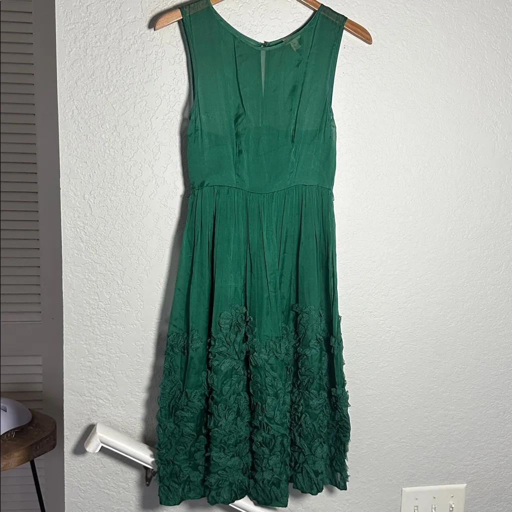TINY Anthropologie Caridad Kelly Green Dress Embellished 100% Silk 50s Mesh - Image 5