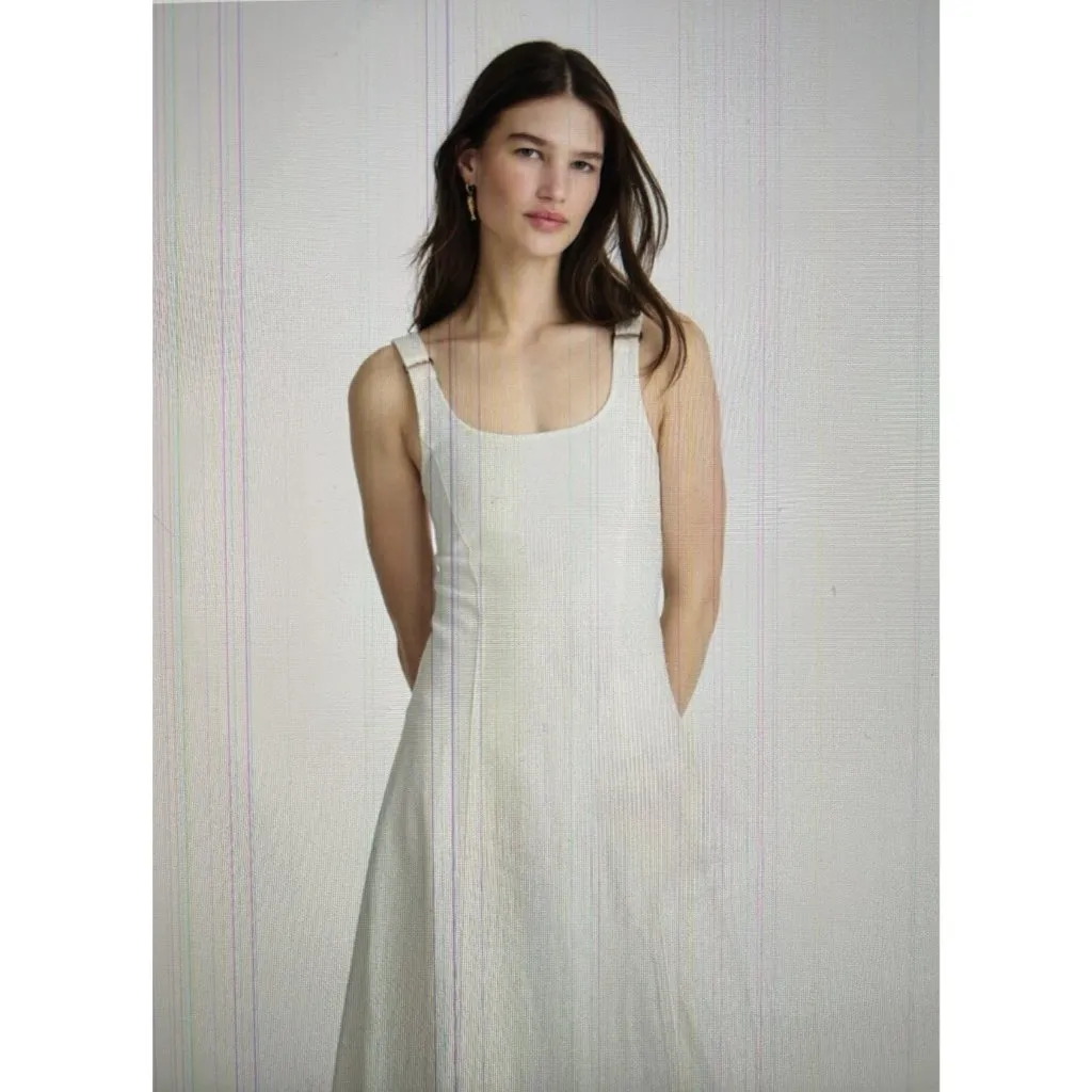 Madewell $148 Denim Scoopneck Midi Dress Pure White Wash A Line Raw Hem Size S - Image 2