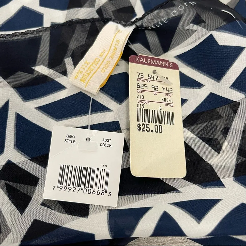Elaine Gold Geometric Sheer Square Scarf Blue Black White Modern Print VTG NWT - Image 3