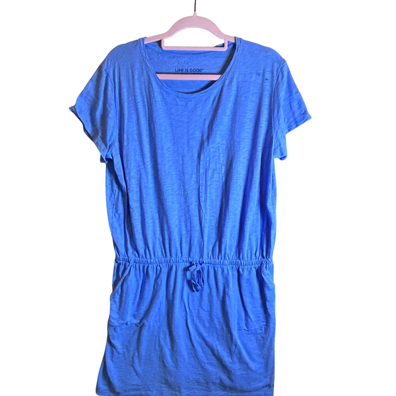 Life is Good Blue Drawstring Waist T Shirt Dress Pockets Casual Comfort Size L - Image 2