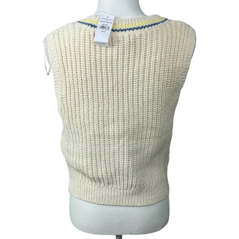 American Eagle Sweater Vest Size M Button Up Cable Knit Cream Striped NEW - Image 5