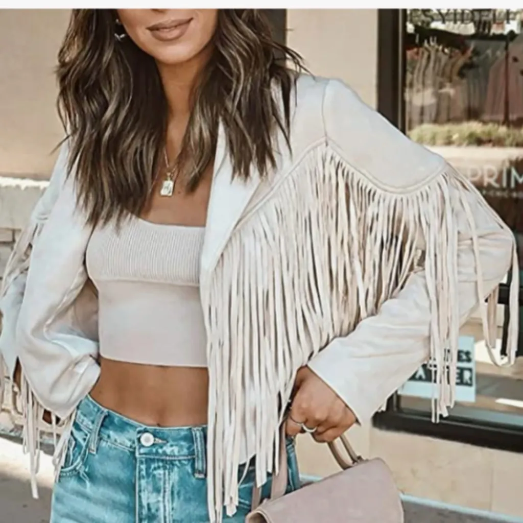 Womens Sand Fringed Faux Suede Good Vibes Moto Jacket sz sm - Image 2