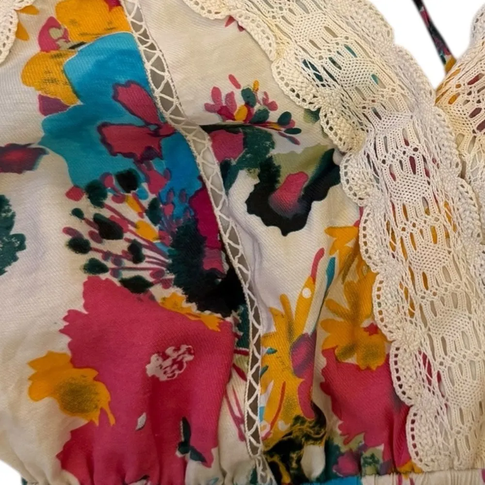 Meghan LA Floral Summer Maxi Dress Strappy Backless Lace Trim Boho Size Small - Image 8