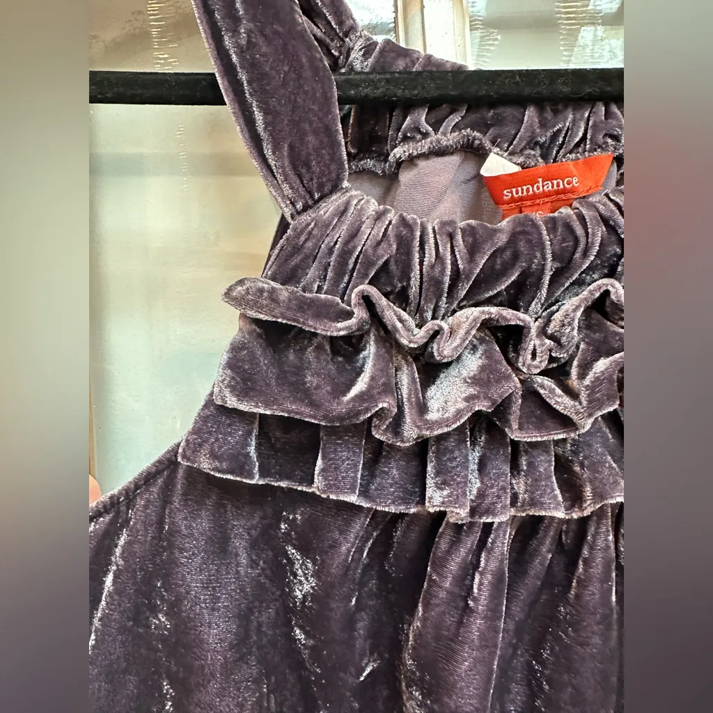 Sundance Crushed Velvet Sleeveless Halter Ruffle Metallic Purple Top Size XS - Image 3