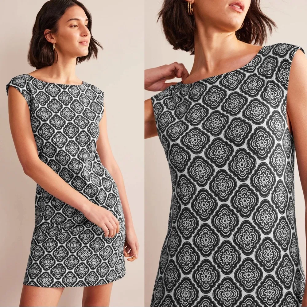 Boden • Sleeveless Jersey Shift Dress black white print knit cap sleeve floral Size 4 - Image 4