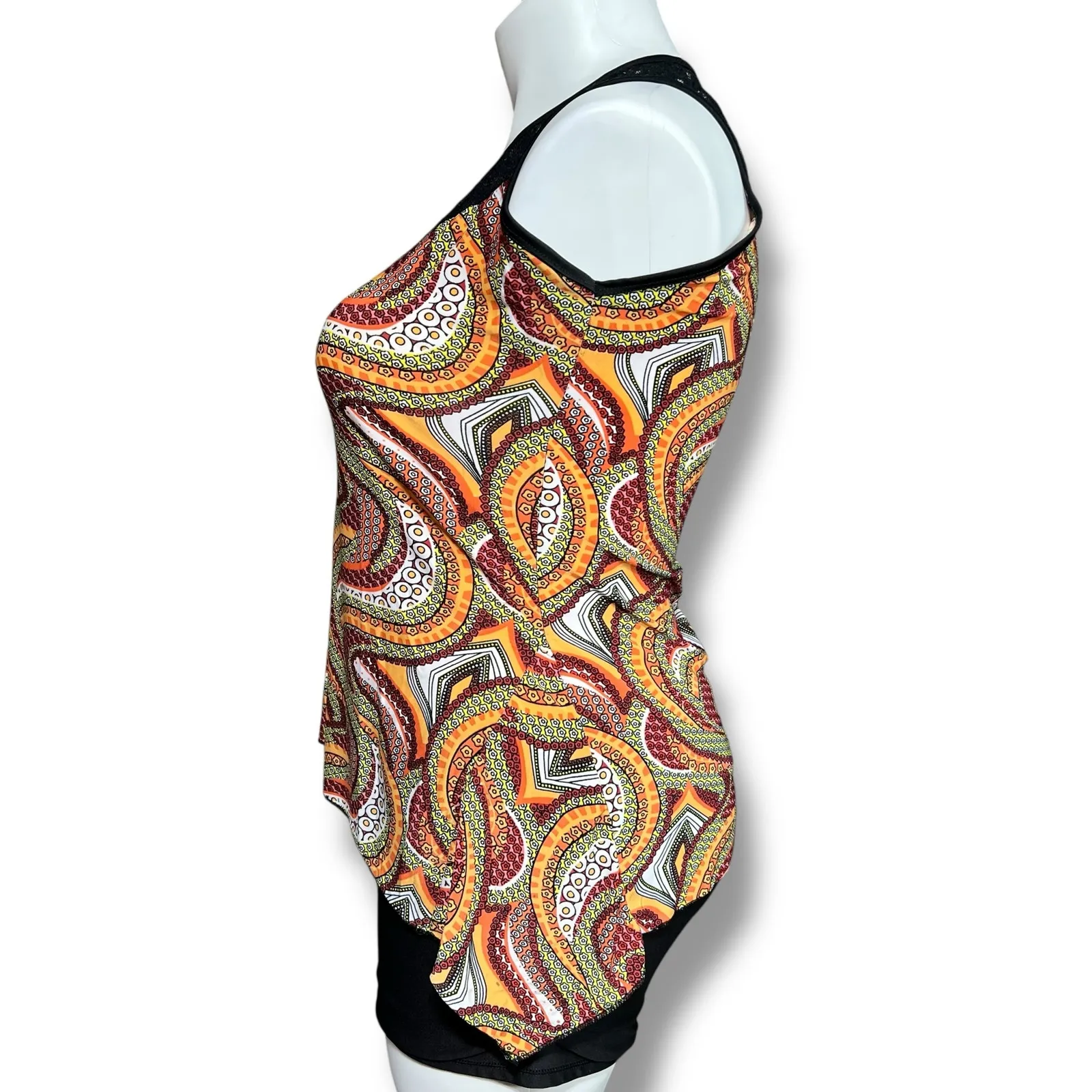 Laura Womens Swing Top Blouse Tank Top Lace Collar Orange Abstract Print Large - Image 4