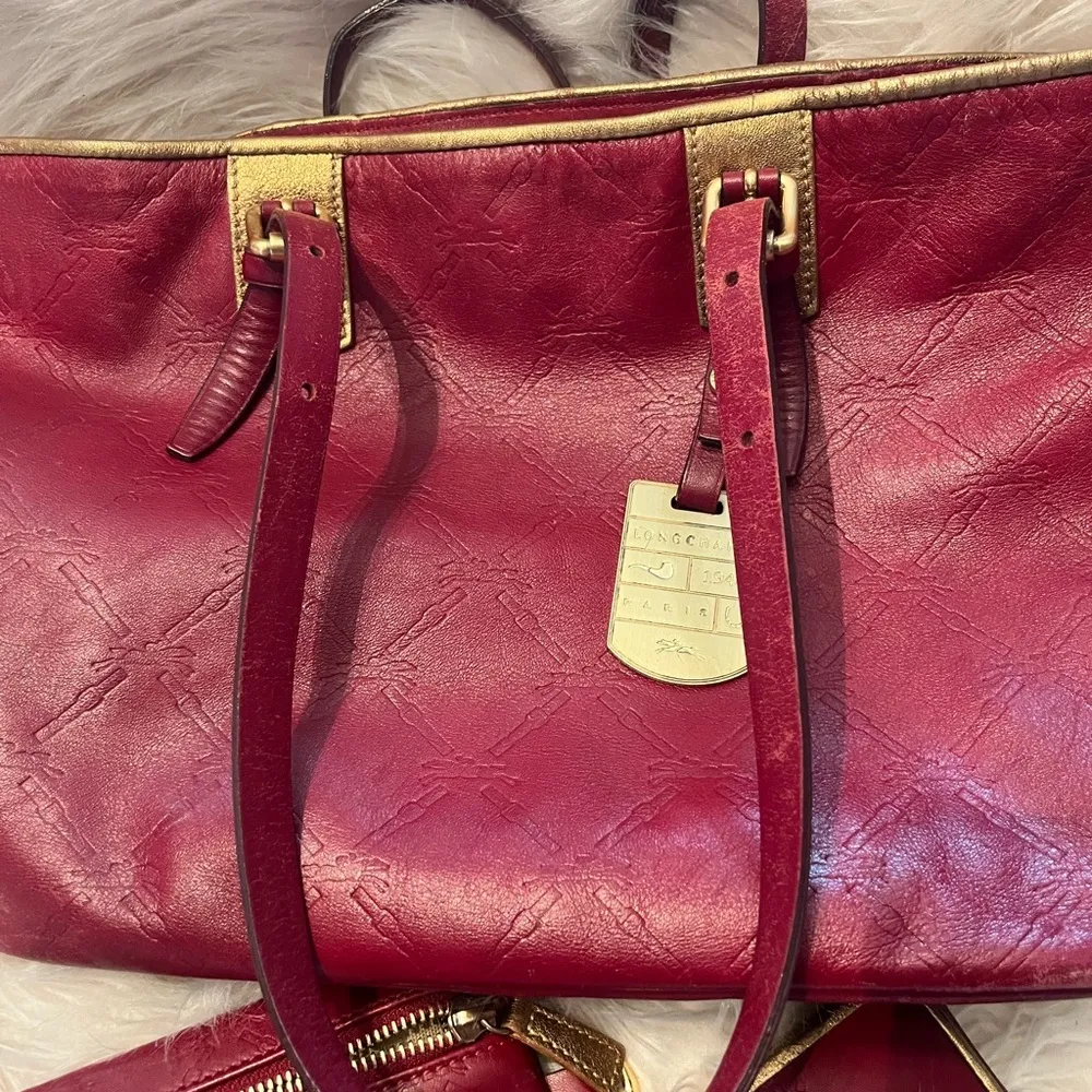LONGCHAMP LM Cuir Large Tote Bag Leather Handbag Purse Logo Red - Image 2