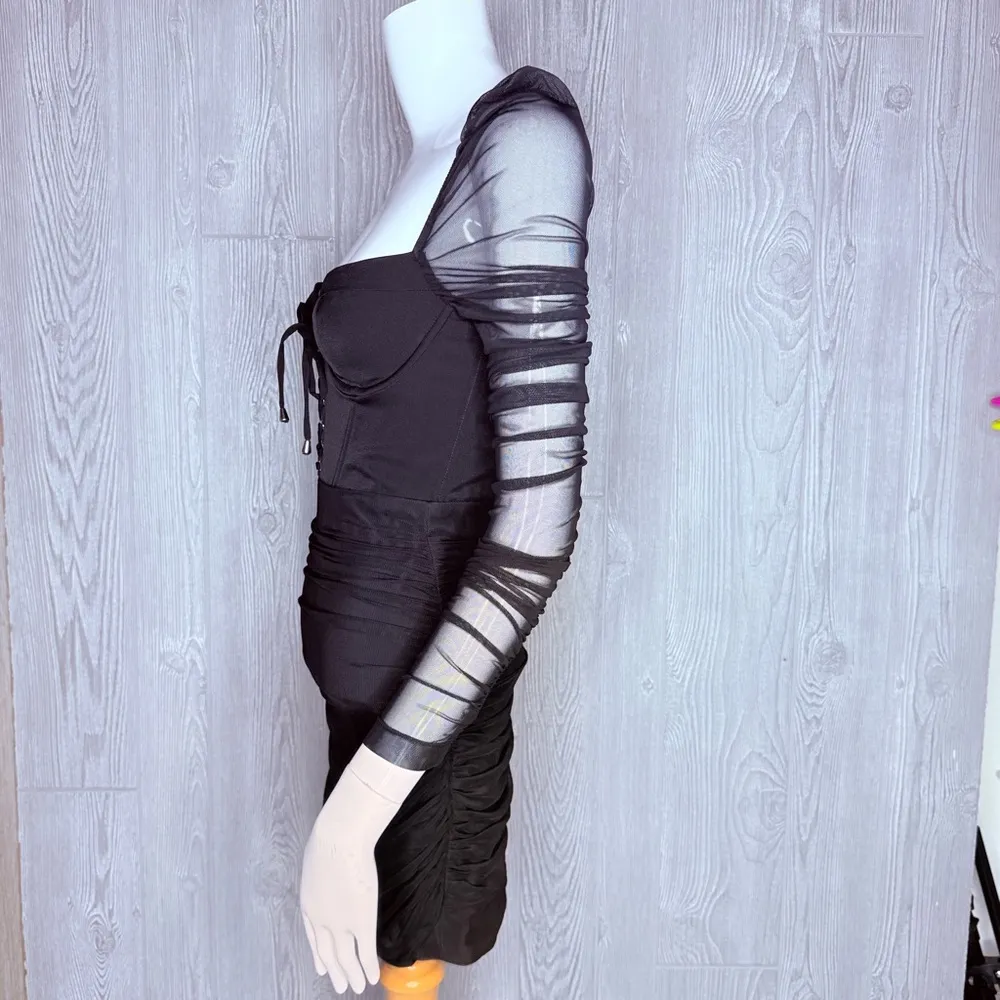 Oh Polly corset front sheer body con long sleeve roughed little black dress 2 - Image 5