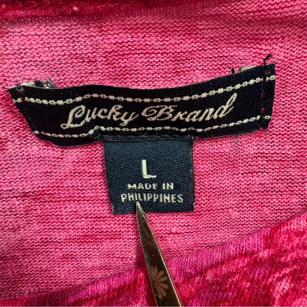 Lucky Brand Magenta & Burgundy Cap Sleeve Loose Fit Crochet Lace Inlay Top L - Image 9