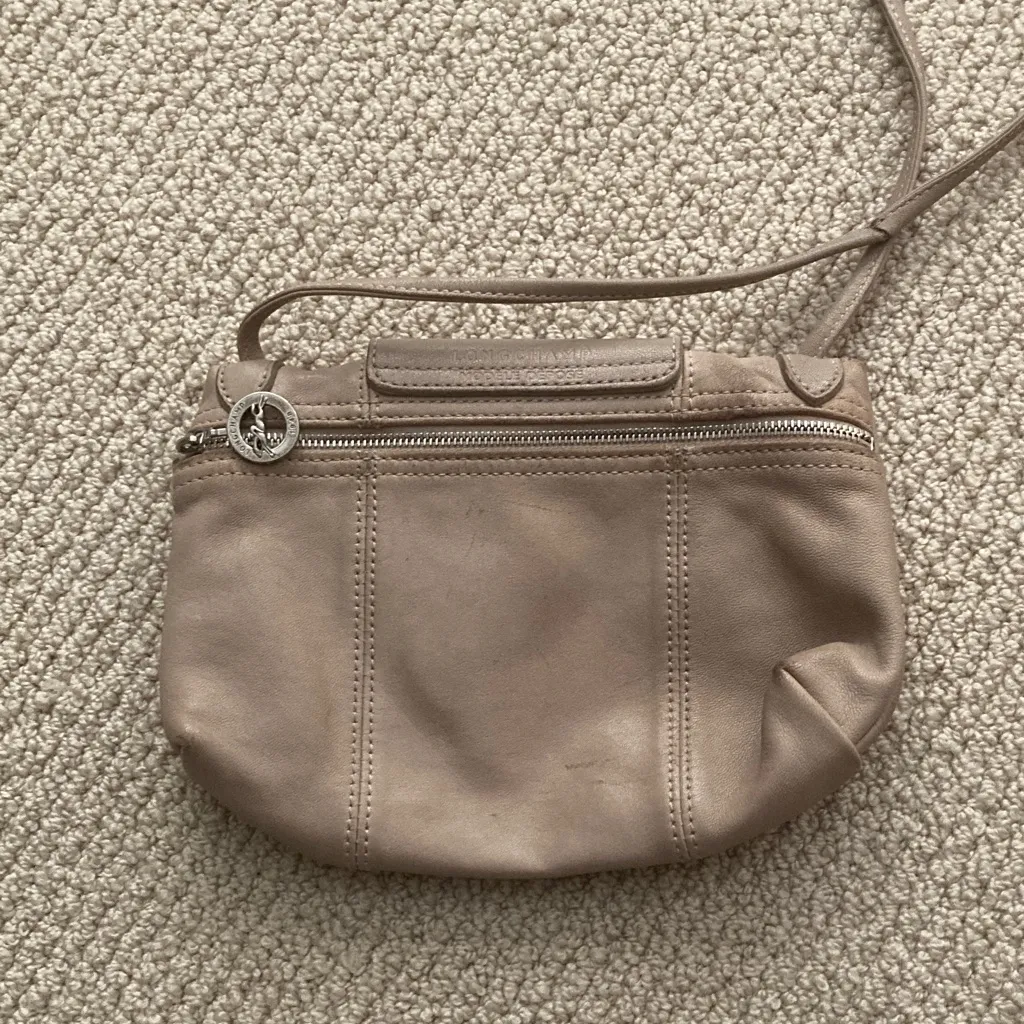 Longchamp Le Pliage Beige Leather Mini Crossbody Handbag Genuine Leather GUC - Image 6