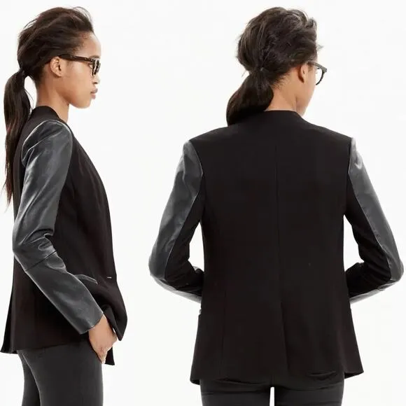 Madewell Size 8 Black Leather Trim Collarless Moto Blazer Jacket Business Casual - Image 2